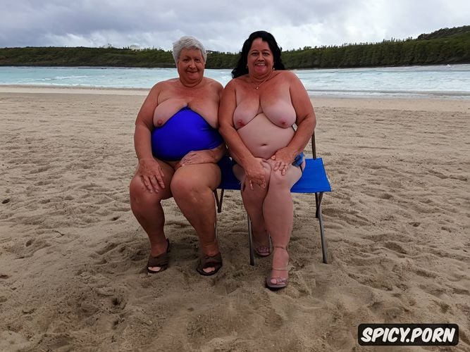 she is short, they are sitting on short plastic stools, a camcorder shot of two olds ssbbw hispanic grannies naked at beach