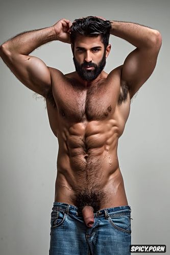 hairy body, hairy chest, huge penis, arms up, big erect penis