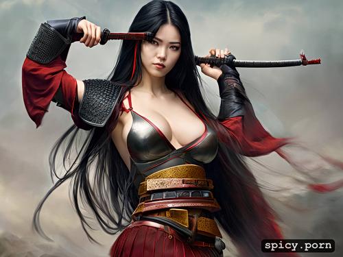 18 year old female samurai natural breasts long black hair wearing partial samurai armor full frontal