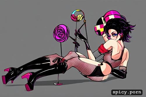fishnets top, short black hair, black lipstick, lollipop, round tinted glasses