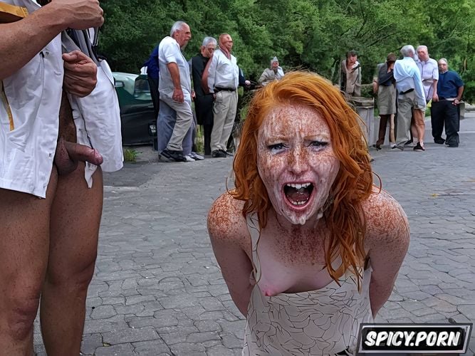 eyes wide in shock, anxious face, blevel german tween attacked brutally fucked by her grandfather in the street