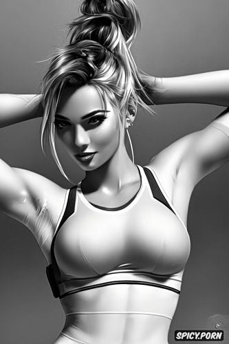 ultra detailed portrait, ultra realistic, mercy overwatch female yoga instructor black yoga pants white sports bra sweaty beautiful face full lips milf