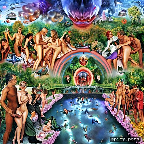 orgy in a paradise garden full of testicles and vulvas heironymous bosch style but with explicit sex and penises fucking vaginas style of bosch