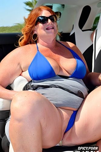 bikini, fat thighs, happy gilf, masturbating, ginger milf, sitting in a car