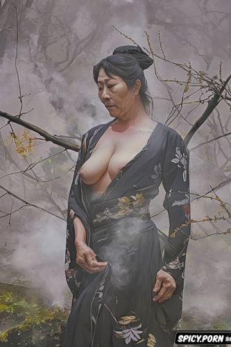 small breasts, droopy old tits, steam, torn kimono, lifting one knee