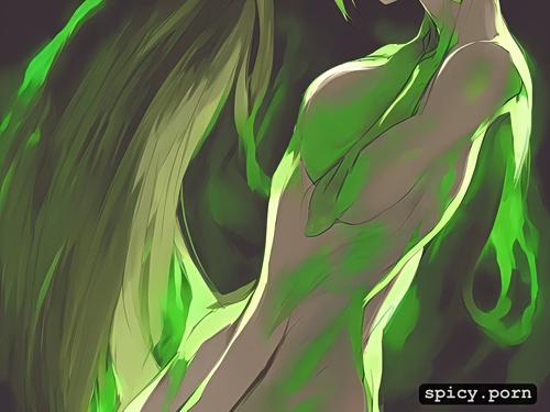 green lady, green skin, naked, green woman
