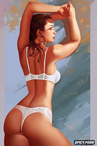 key visual, glistening skin, wide hips centered, jewish woman