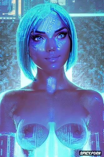 holographic projection, fit, bob haircut, beautiful face head shot