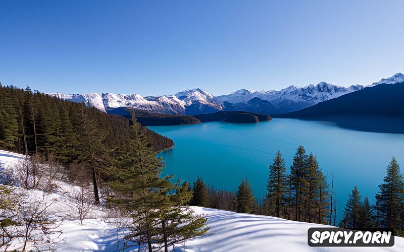 wood cabin, sunny blue sky, snowy mountains, blue lake