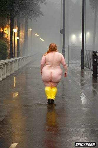 bangs hair, yellow rain jacket, chubby round face, huge fat ass