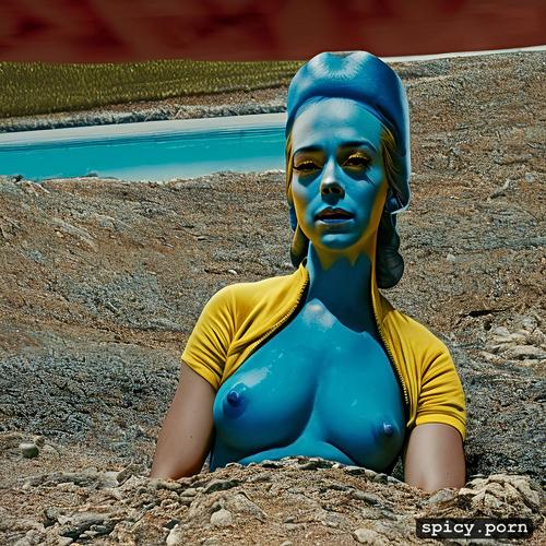 8k, portrait, masterpiece, blue hair, nipples visible, yellow tatiana maslany as marge simpson