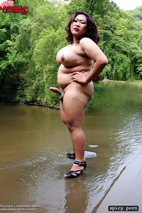 shemale, standing with erection, plus size, dark, side view