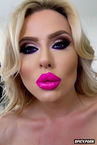 german slut, blowjob, vivid pink lipstick, blonde, slut makeup