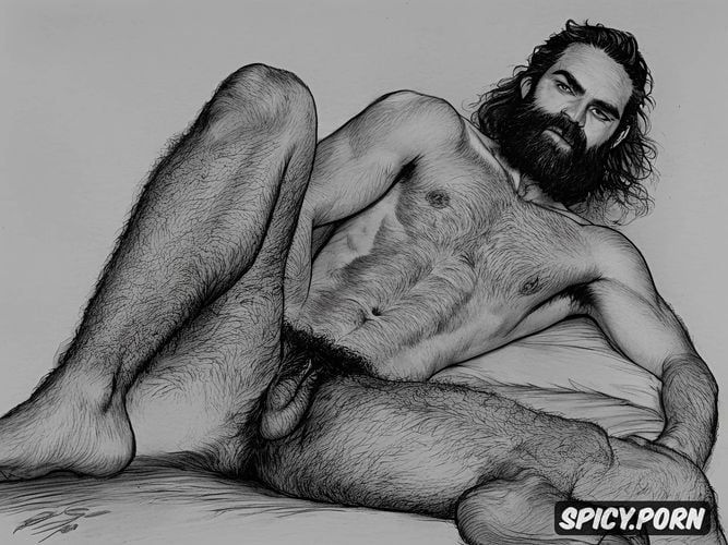 full shot, barefoot, detailed artistic nude sketch of a big dicked bearded hairy man crouching