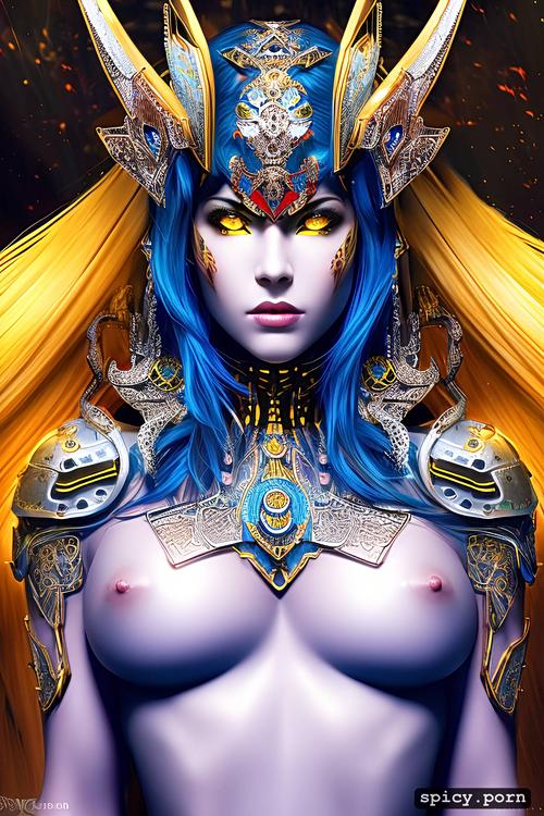 female, centered, highly detailed, yellow and dark blue colors