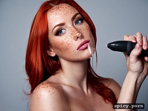 red hair, wet body, freckles, ultra detailed, blow job, 18 years old