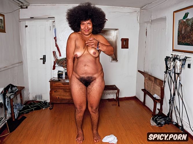 afro hair, posing standing in a tribal bedroom, front view full body