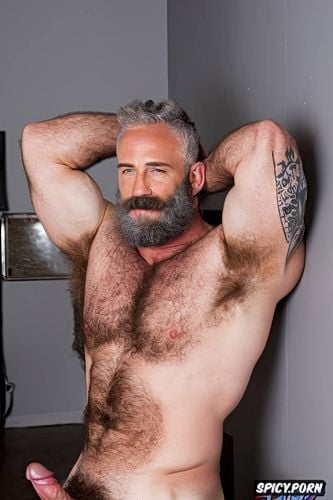 solo very hairy gay muscular old man with a big dick and perfect face beard showing hairy armpits chubby body in prison