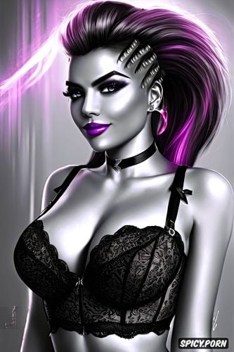 ultra detailed, ultra realistic, high resolution, sombra overwatch beautiful face young tight exotic black lace lingerie smirking portrait masterpiece