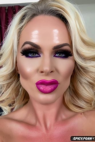 shiny pink lipstick, thick lip liner, huge fake lips, pov over lined lips