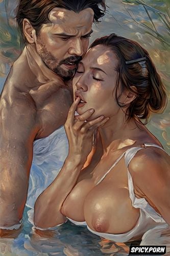 squishy boobs, fog, paul peter rubens, eyes closed, realism painting