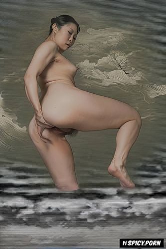 japanese nude, looking over her shoulder, belly, dark ominous atmosphere