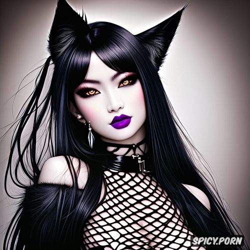 heavy metal clothing, piercing, asian face, black fox ears, black hair