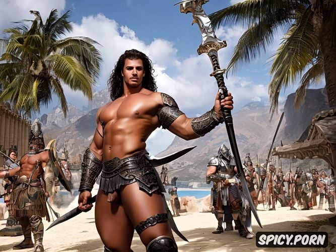 fantasy, extremely muscled, topless, hard big long dick, almost nude with sword