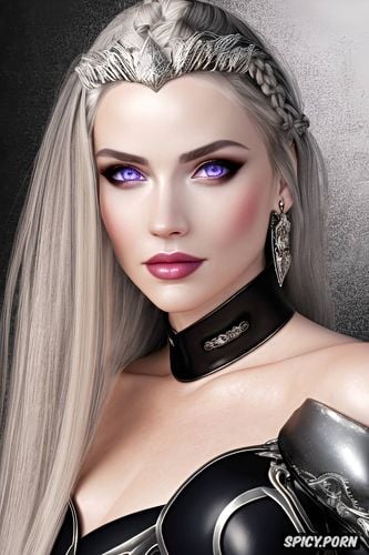 female knight, ultra detailed, soft purple eyes, tiara, long silver blonde hair in a braid
