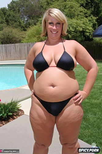 smiling, string bikini with slight pubic hair visible, fat white woman