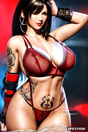 tattoos, masterpiece, ultra realistic, tifa lockhart final fantasy vii remake beautiful face slutty red lingerie