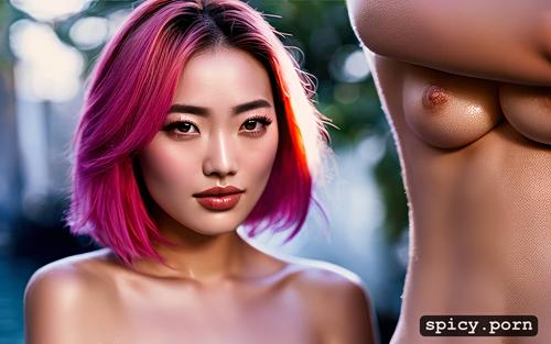 makeup, 18 years, sexy body, chinese lady, pink hair, bathing