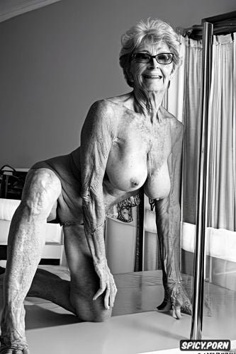 fair skin, full front view, stiff long nipples, all fours, elderly