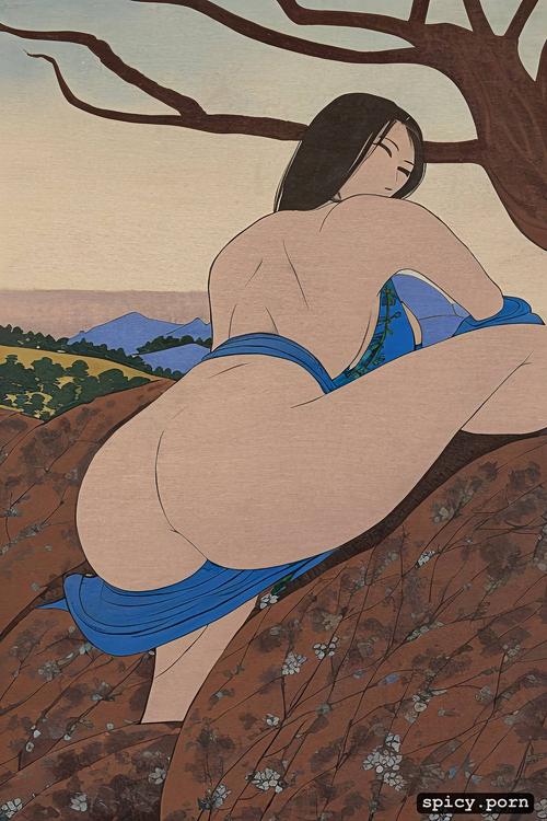 15th century painting, ukiyo e, japanese woodblock print, ass towards viewer looking over shoulder wearing a simple short dress with floral pattern on a the bark of a lemon tree on a hill