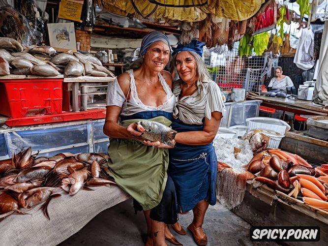 greasy unwashed hair, wobbly belly, offers buyers her unwashed pussy as a bonus when purchasing fish