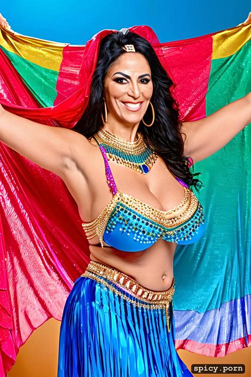 53 yo, extremely busty, performing on stage, intricate beautiful bellydance costume with bra