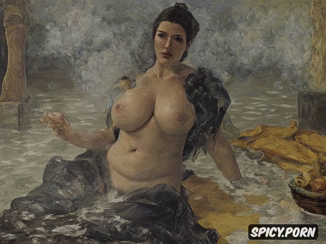 low resolution, chubby belly, german, tiled bathing, textured impasto oil paint