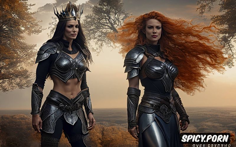 warrior s crown, standing, orange hair, sexy fantasy armor, muscular woman