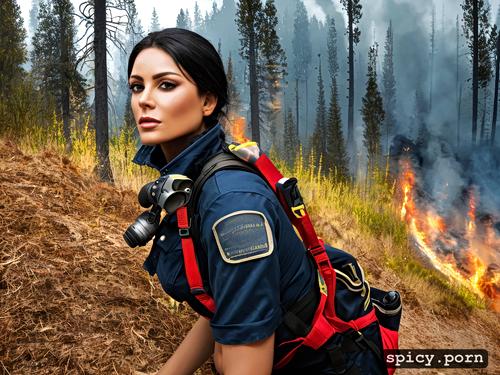 side view, beautiful european firefighter woman, wildfire in background