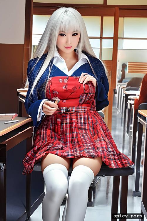 location is a classroom, school, japanese female, detailed face