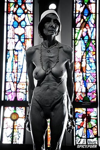 cross necklace, stained glass windows, loose hanging tits, detailed face