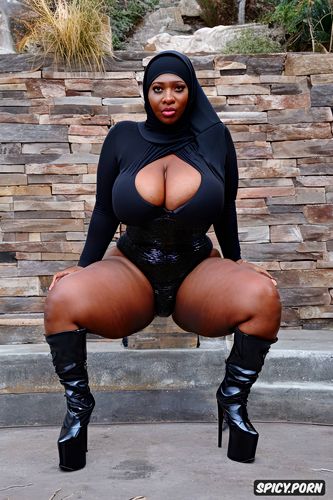 tight underwear, high boots, shiny spandex satin gymsuit, saggy boobs huge breasts
