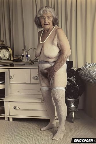 very old irish granny, petite, saggy, background bedroom, very hairy pussy