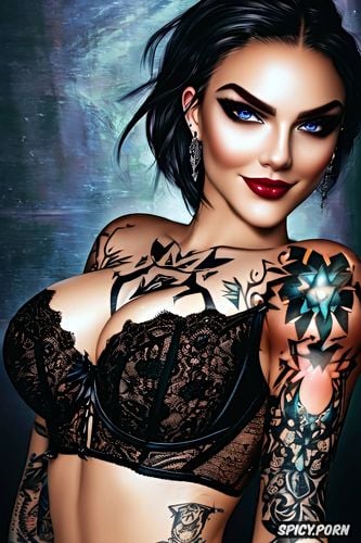 ultra detailed, ultra realistic, high resolution, ashe overwatch beautiful face young tattoos tight exotic black lace lingerie smirking portrait masterpiece