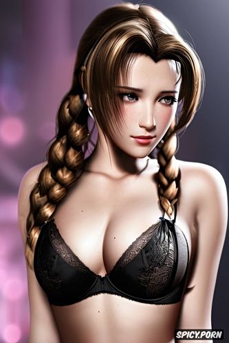 ultra detailed, ultra realistic, k shot on canon dslr, aerith gainsborough final fantasy vii remake tight see through black lace lingerie beautiful face