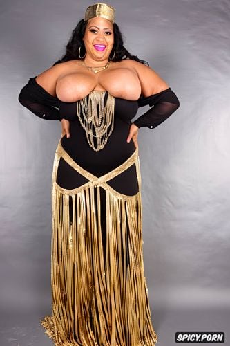 curvy, massive breasts, gold and silver jewelry, high heels