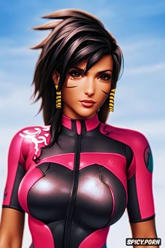 pharah overwatch beautiful face young full body shot, tattoos small perky tits tight body fitting dark red wetsuit masterpiece
