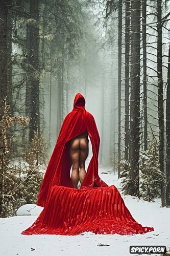 forest in the snow horror, great nude athletic shiny body, photoshoot