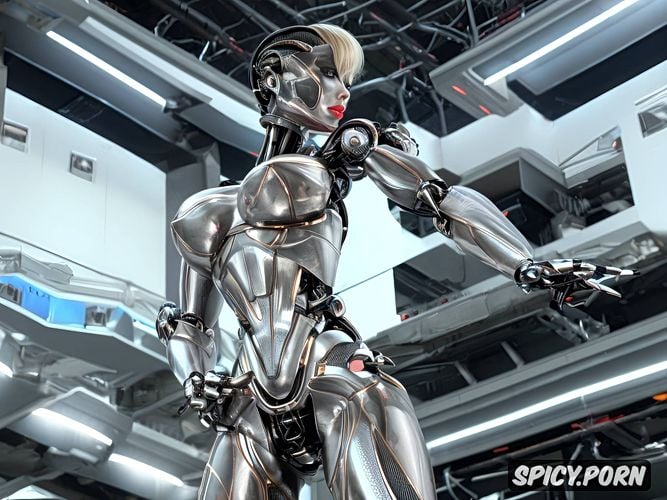 sexy blonde robot with fully metallic body and huge tits, full body