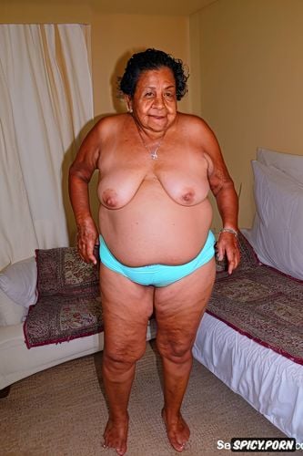 topless, flat chest, fupa, standing at hotel room, front view
